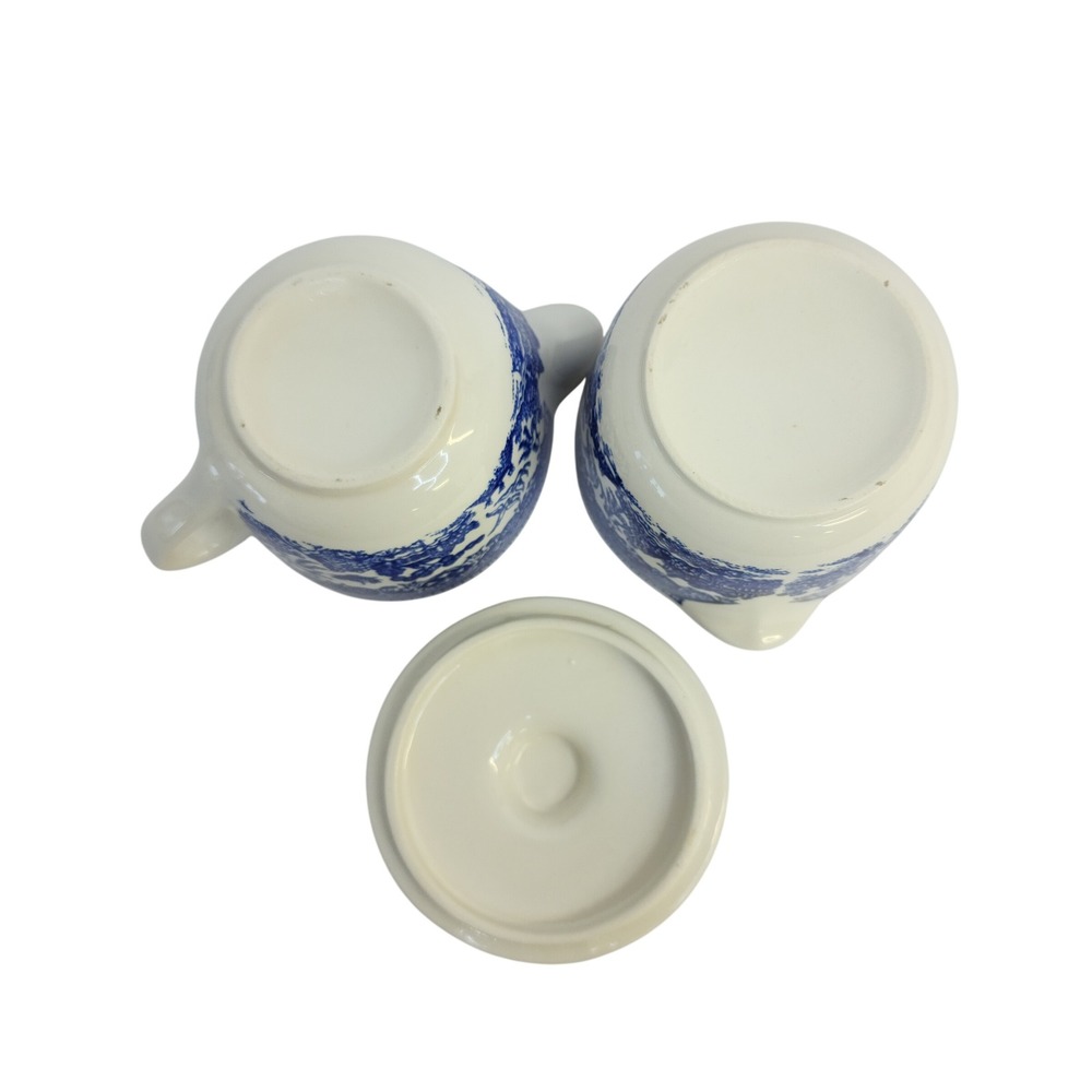 Vintage Blue Willow Creamer and Lidded Sugar Bowl Set Blue White Transferware - Picture 2 of 3